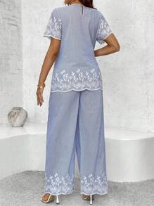 SHEIN 2pcs/Set Maternity Striped Top And Adjustable Waist Wide Leg Pants - Blue and White - View 2