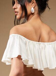 MISSGUIDED 露肩荷叶边短款上衣夏季海滩度假装芭铎风格女性休闲弹力领口节日波西米亚风混纺 - 白色 - 查看 6