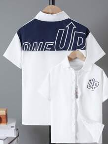 SHEIN Tween Boy Casual Patchwork Cool Stampato Turndown Collare Camicia a Maniche Corte, Estate - Bianco - Visualizzare 3