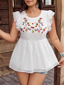 SHEIN LUNE Blusa bohemia de manga corta con bordado y tejido jacquard 3D, estilo casual de vacaciones, para mujer talla grande, primavera/verano - Blanco - Ver 5