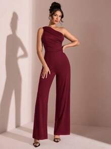 SHEIN BAE Tuta elegante di colore nero unito asimmetrica con spalla scoperta, adatta per appuntamenti quotidiani, uscite serali, discoteche, feste, ritrovi, feste cocktail, feste in piscina, abbigliamento da ufficio, tute da pendolare, tute da vacanza - Bordò - Visualizzare 3