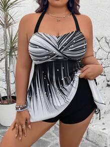 Swim Lushoire Plus Size 2pcs Set, Crop Top With Graphic Print & High Waist Solid Shorts With Side Drawstring, Spaghetti Strap Cami Strap Backless Criss Cross Slimming Casual Tankini