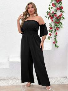 SHEIN Clasi Mono informal de talla grande para vacaciones con hombros descubiertos, unicolor y volantes en la cintura - Negro - Ver 5
