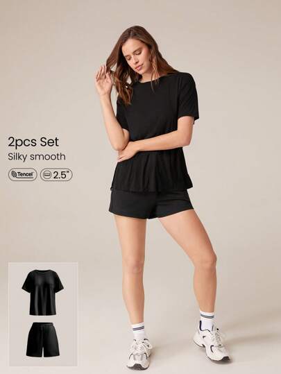 GLOWMODE 2 Pieces  Modal Relaxed Fit Tee & 2.5'' CloudKnit Adjustable Drawstring Waist Shorts With Side Pockets Set Daily Casual Spring Summer