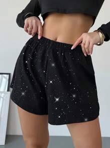SHEIN Privé 全新休闲百搭性感派对优雅别致黑色亮片高腰宽松短裤，适合春夏演唱会狂欢女式短裤 - 黑色 - 查看 5