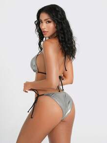 Swim EVENT Springbreak New Women's Sexy Bikini Set Set, 2pcs, Metallic Silver Fabric, Halter Neck Tie Top With Heart Accent, Side Tie Bottom With Heart Accent, Fashionable EDM Festival & Beach Vacation Swimwear