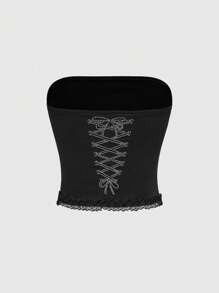 ROMWE Grunge Punk Bộ 2 trang phục lễ hội âm nhạc thời trang Y2K - Áo crop top ren tương phản đính đá & chân váy ngắn cạp trễ dành cho nữ - màu đen - Xem 5