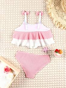 "Young Girls Bikini Sets女童(小)泳衣套装
提花面料粉色白色拼色飞边儿童分体泳衣套装时尚休闲精致华丽淑女适合游泳适合度假适合夏季" - Pink - View 4