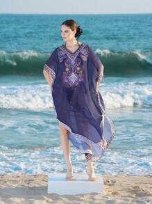 SHEIN Swim New Bohemian V-Neck Positioned Print Short Sleeve Long Pants Beach Cover-Up Outfit Women Springbreak Summer Festival Boho - Navy Blue - View 3