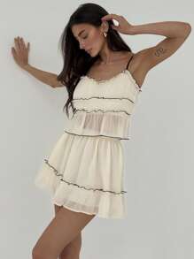 Aloruh 杏色度假短款吊带背心，搭配撞色饰边和同款迷你裙，适合春夏季 - 杏色 - 查看 6