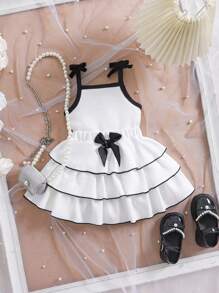 2 Stücke/Set Baby Mädchen Kleinkind 0-3 Jahre Frühling/Sommer Mode elegantes schwarz & weiß Trägerhemd + Schleifendekor Kuchen Rock 2 Teile Outfit