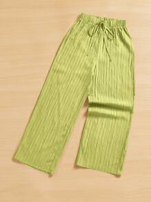 SHEIN Essnce Summer Loose Solid Color Textured Wide Leg Pants - Lime Green - View 3