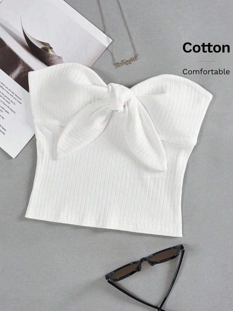 SHEIN EZwear Women's Tie Front Strapless Top - White - View 1