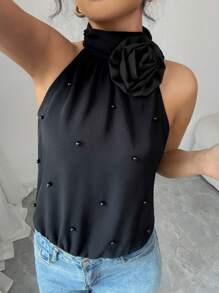 Elenzga Women 3D Floral Decor Halter Neck Bodysuit - Black - View 6