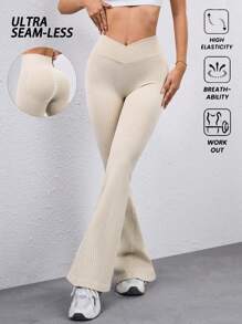 Easithlete Seamless High Stretch Waistline Pocket Design Flared Yoga Pants