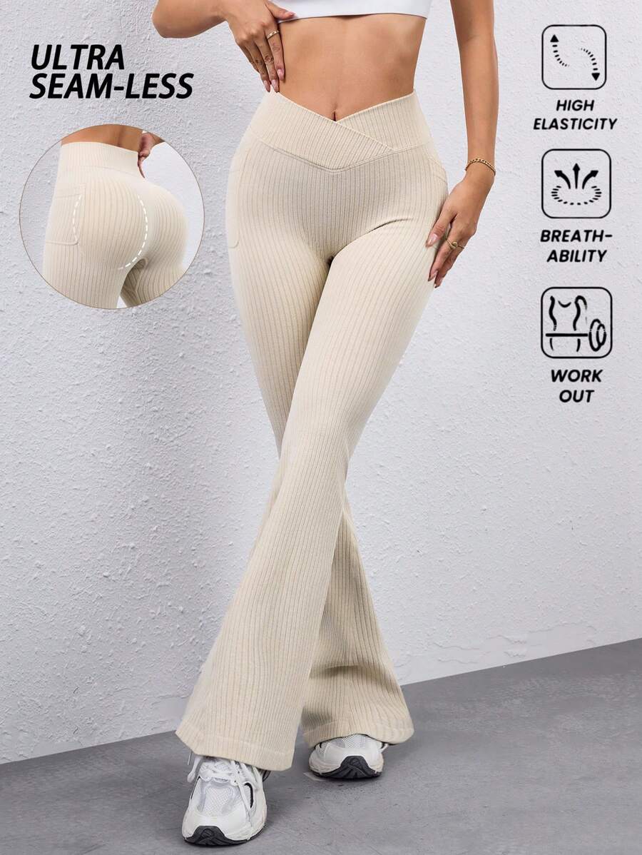 Easithlete Seamless High Stretch Waistline Pocket Design Flared Yoga Pants