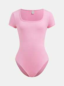 2pcs/Set Tween Girls Fitted Casual Square Neck Basic Short Sleeve Jumpsuit - Baby Pink - View 6