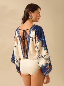 CAJUNI Women's Boho Tropical Plant Print Deep V-Neck Backless Loose Long Sleeve Bodysuit, Casual Holiday Summer Beach Wear - Multicolor - View 2