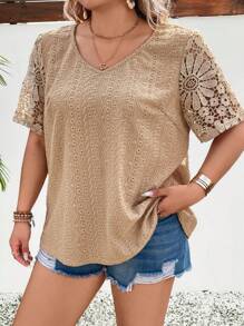 SHEIN LUNE Women's V-Neck Sleeve Lace Patchwork Textured Blouse - Brown - View 3