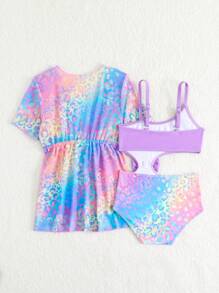 SHEIN 女婴 2 件套泳衣套装 - 可爱草莓印花蝴蝶装饰连体泳衣带罩衫 - 紫色 - 查看 2