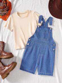 SHEIN 2pcs Set Young Boys Spring/Summer Wildeya New Styles, Medium Wash Denim Overalls Paired With Basic Beige T-Shirt, Casual Fashion Classic Outfit Suitable For Outdoor Activities And Daily Wear