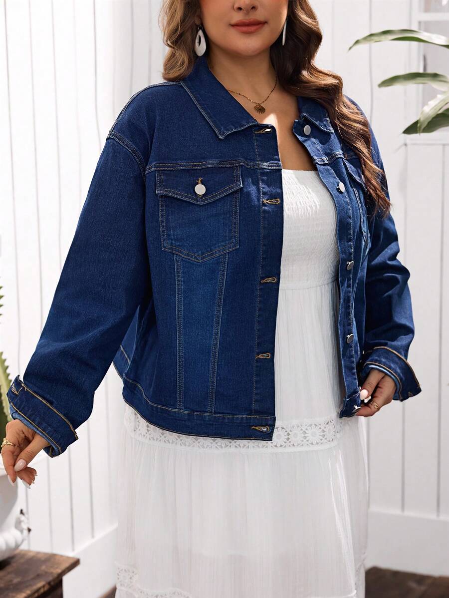 EMERY ROSE Veste en jean bomber décontractée à coupe slim et élastique pour femmes grande taille, printemps - Bleu azur - Voir 1