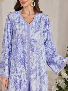 Al Najma Elegant Patchwork Dubai Abaya Kaftan Jalabiya Dress - Purple - View 5