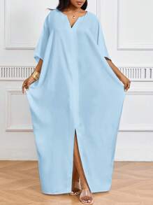 SHEIN Lady 节日连衣裙大码短袖女士长袍宽松垂坠节日新娘送礼会礼服海滩女士高腰修身长裙 - 淺藍色 - 查看 6