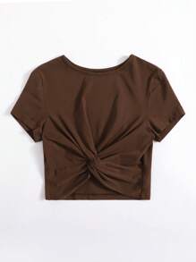 SHEIN EZwear Twist Hem Solid Tee - Chocolate Brown - View 3