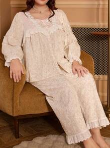 Floral Embroidered Vintage Lace Square Collar Ditsy Ditsy Floral Cardigan With Bell Sleeves Pajamas Set, Plus Size - Multicolor - View 6
