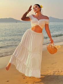 Sunnyshic Váy chữ A dệt tua rua cỡ lớn cho kỳ nghỉ của phụ nữ - Màu be - Xem 4