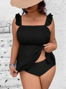 SHEIN Swim Curve Plus Size Women 2pcs Black Camisole & High Waist Tankini Set, Casual Vacation Swimwear For Summer - Black - View 5