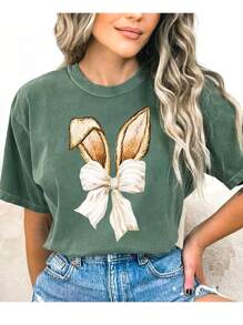 Camisa com Laço e Orelhas de Coelho, Moletom Fofo de Coelho, Camiseta de Coelho, Presente do Dia de Páscoa, Páscoa, Camiseta Fofa de Páscoa - Verde Escuro - Visão 1