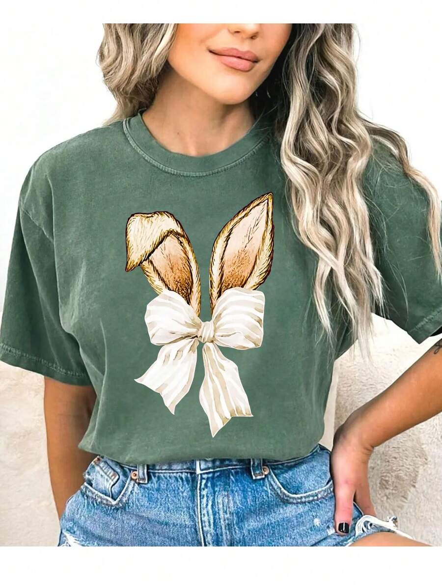 Camisa com Laço e Orelhas de Coelho, Moletom Fofo de Coelho, Camiseta de Coelho, Presente do Dia de Páscoa, Páscoa, Camiseta Fofa de Páscoa - Verde Escuro - Visão 1