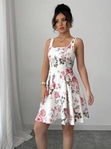 Rafferiza 女士休闲假日方领无袖连衣裙，配有隐形后拉链，花卉印花