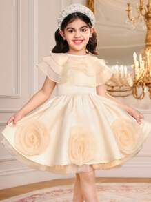 SHEIN Young Girl 2pcs Set: Cute Woven Mesh Organza Shawl & Woven Jacquard Sleveless Elegant Dress Outfit, 3D Rose Flower & Back Big Bow Decor,Spring/Summer Ramandan Style,Suitable For Girls Daily Wear, Festivals