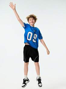 SHEIN 1pc Tween Boy Crew Neck Short Sleeve T-Shirt,Navy Blue,Summer,Streetwear,School Casual Loose Letter Print Soft Comfortable Digital Star Design Tee - Blue - View 3