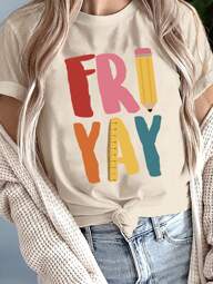 INAWLY Women's Fitted T-Shirt With Casual English Letters, Pencil & Ruler Print, Creative Back-To-School Design For Spring Break