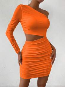 Zolique 优雅纯色不对称领口镂空褶皱修身连衣裙 - 亮橙色 - 查看 4