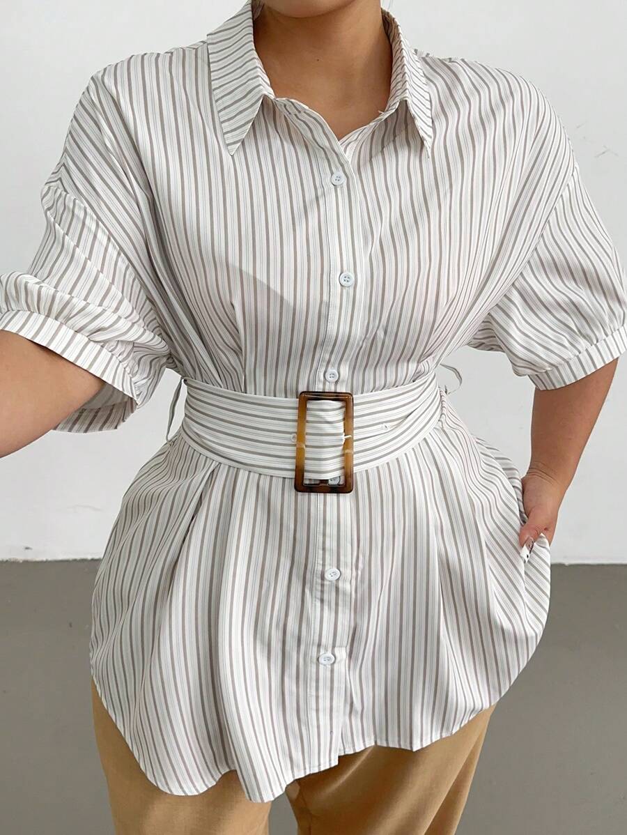 Flirla Plus Size Women Striped Print Collared Button Front Cinched Waist Waist Short Sleeve Casual Elegant Fitted Shirt, Spring/Summer - Apricot - View 1