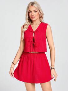 SHEIN LUNE Women's Red Casual Two-Piece Dress Set: Sleeveless Tie-Front Crop Top And Mini Skirt,Vacation Outfits Woman - Red - View 3