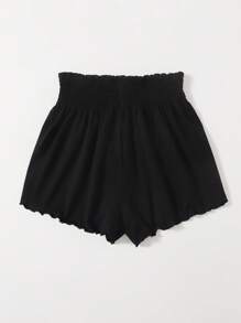 SHEIN VCAY Shirred Waist Lettuce Trim Black Shorts - Black - View 3