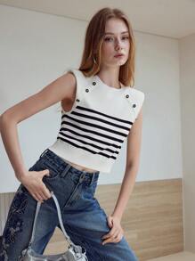 MOTF STUDIO STRIPED BUTTON DECOR SWEATER