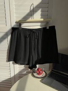 SHEIN EZwear Plus Size White Textured Tied Waist Casual Shorts, Spring/Summer - Black - View 9