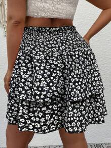 Breezaya Falda acampanada negra y blanca de talla grande con diseño de doble capa y cordón en la cintura, estilo versátil casual/vacacional, de tela floral, adecuada para primavera, verano y otoño