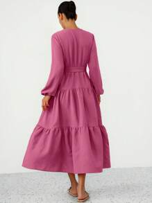 Aveloria Modichic Elegantes, farbenfrohe Wickel-Taille Paneelkleid mit ausgestelltem Saum und Laternenärmel für Damen - Violett - Übersicht 2