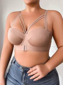 Plus Size Women Front Closure Sports Bra, Supportive Underwire With Removable Lift Pads, Seamless & Light, Anti-Slip Design - Apricot - View 3
