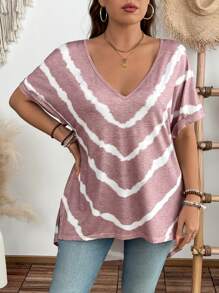 SHEIN LUNE 大码女式时尚春夏高低设计粉色和白色条纹扎染印花休闲修身T恤