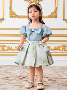 SHEIN 2 件套女婴细肩带露肩上衣，带蝴蝶结装饰和提花褶皱 A 字裙 - 綠色 - 查看 8