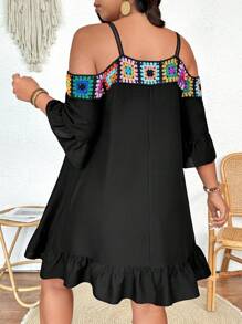 Breezaya Plus Size Women's Black Bohemian Crochet Lace Off Shoulder Spaghetti Strap 3/4 Sleeve Ruffle Hem Slim Knee-Length Dress, Spring/Summer